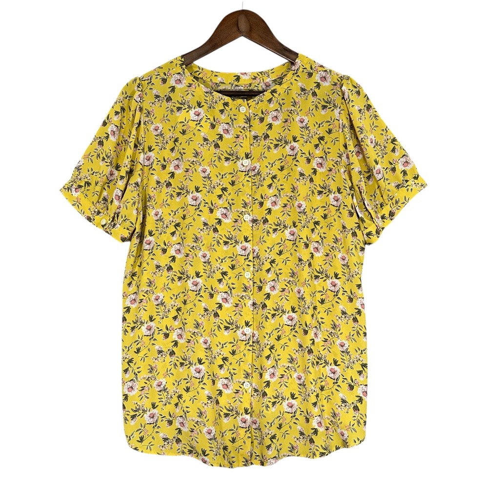 LOFT Button Down Blouse Womens LP Yellow Excellent Floral Puff Sleeve Top